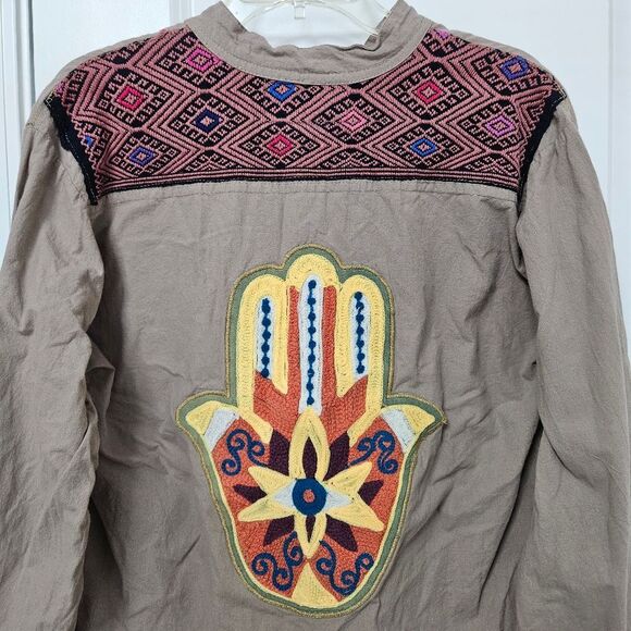 Boho Shirt Pink And Silver Fashion Women's Embroidered Button Down Hamsa See Pic - Picture 2 of 10